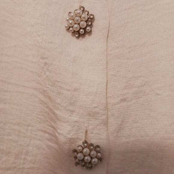 Zara Medium Cream Tie Neck Blouse W/ Decorative Buttons of Clustered Pearl Beads - Picture 8 of 15